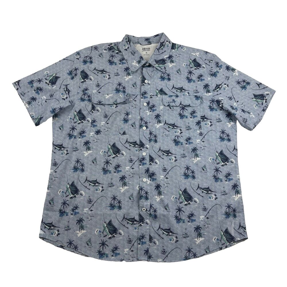 Izod Saltwater Sunshield Button Up Shirt Mens XL Blue All Over Print Marlin